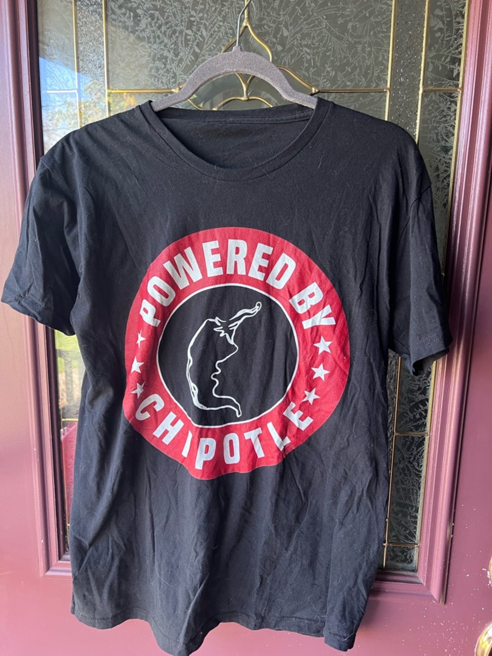 Gildan Black Short-Sleeve Tee with Red & White 'Powered By Chipotle' Graphic